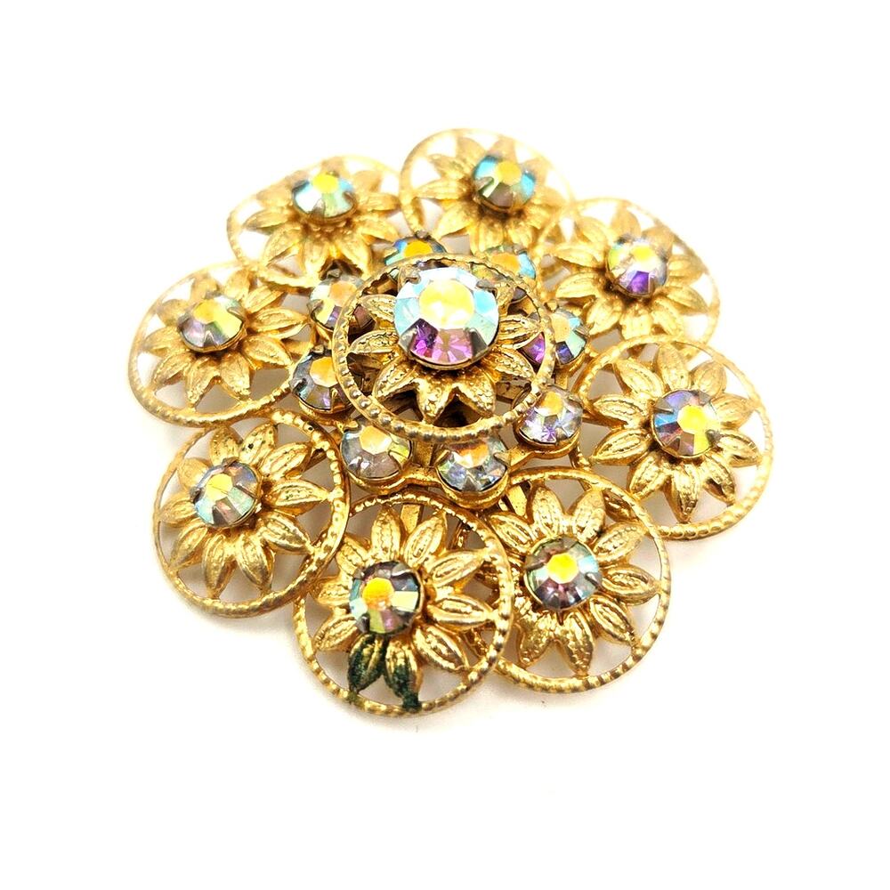 Charming Vintage Gold Tone Floral Aurora Borealis Brooch Pin